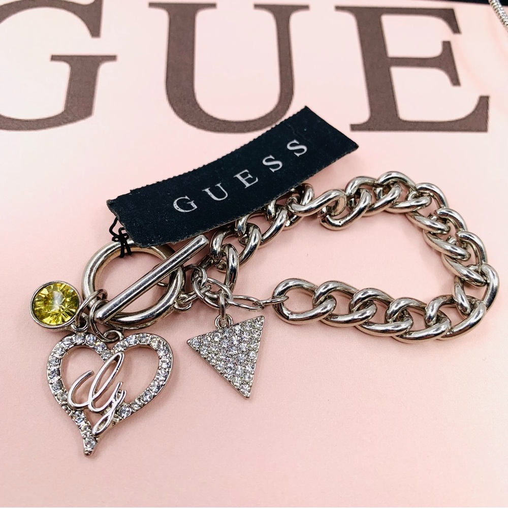 Guess Silver Bracelet Heart and Triangle Charms With Hoop Earrings